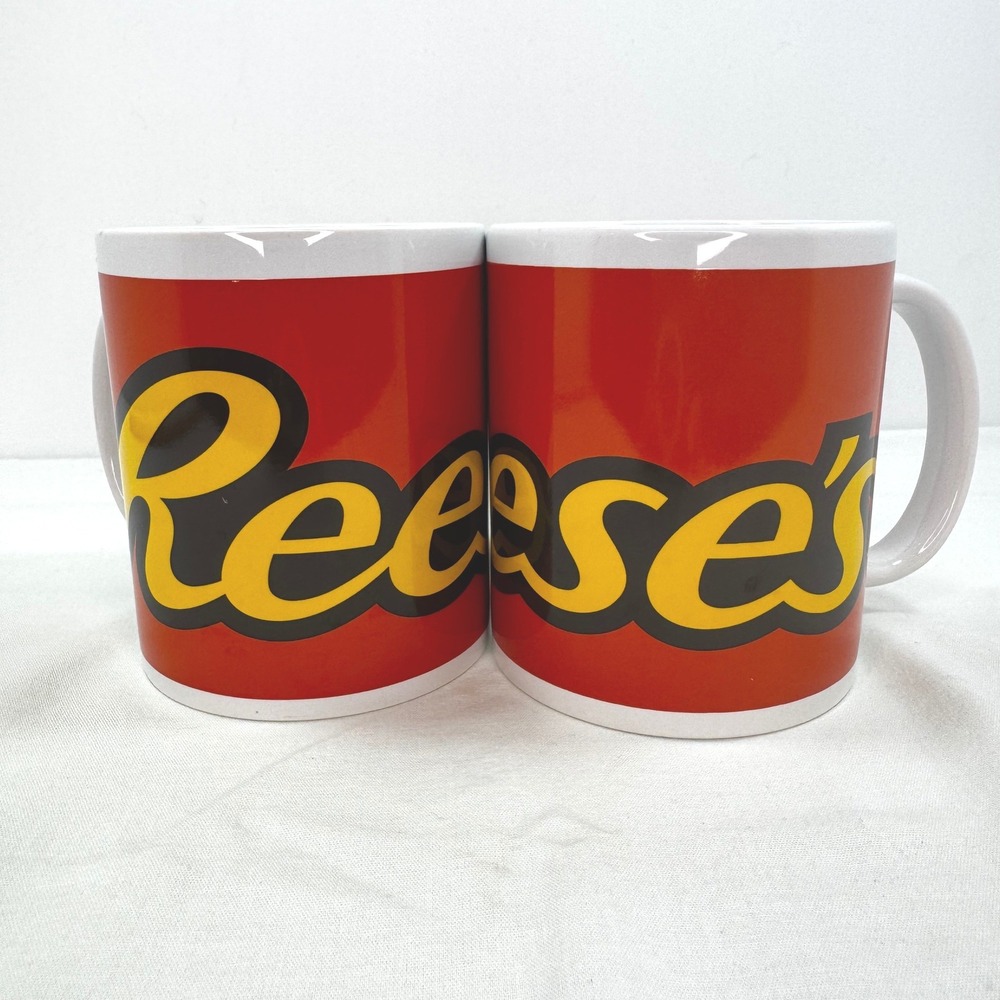 Reeses Peanut Butter Cup Logo Ceramic Coffee Mug Set of 2 Orange Red 11oz